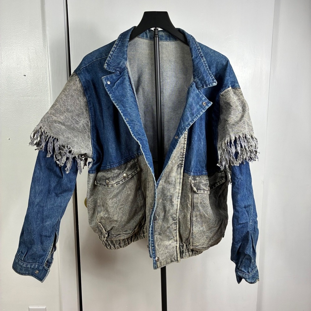 Vtg 80s GUESS by Georges Marciano Colorblock Fringe Denim Jacket AcidWash Bomber